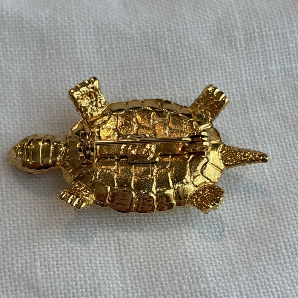 Damascene Turtle Brooch Etched Black Gold Birds & Flowers Toledo Spain 1.5" - Picture 3 of 9